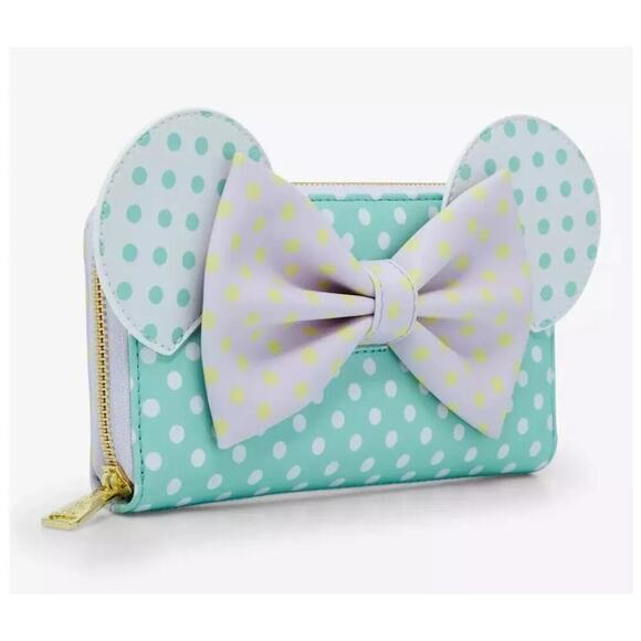 Loungefly Disney Minnie Mouse Polka Dot Wallet Pastel Zip Around With Bow Accent - Picture 3 of 11